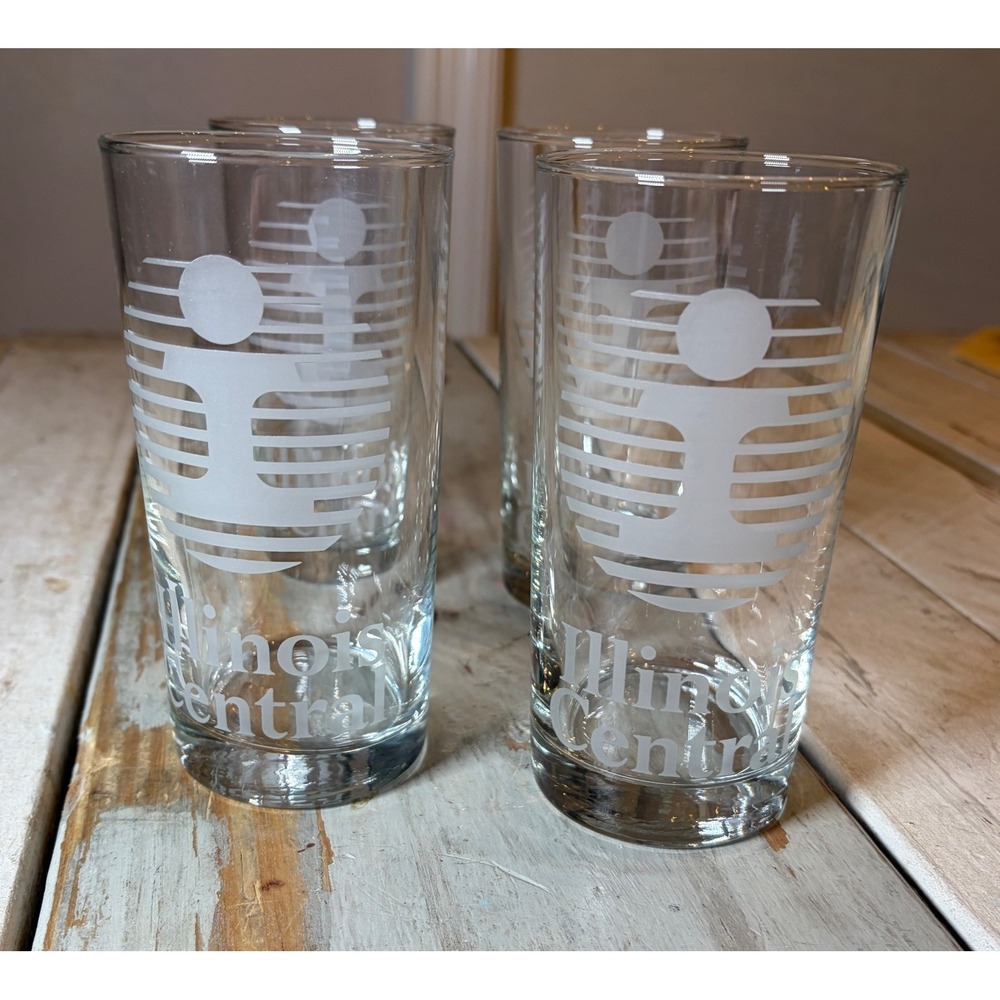 Vintage Illinois Central Railroad Etched Highball Glasses Original Box Set (4)
